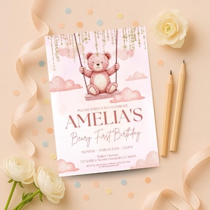 Invito di compleanno per bambina di un anno, invito di compleanno Boho per neonata, modello digitale scaricabile immediatamente.