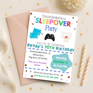 Sleepover Birthday Party Invitation, Boys Sleep Over Front and Back Canva Editable Party Invite Template, ALB101