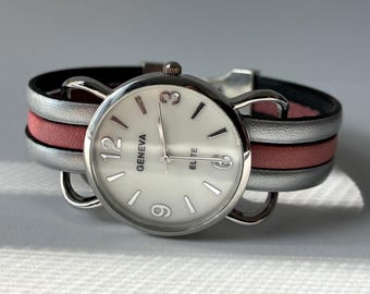 Exclusive design wristwatch for women with a custom-sized leather band. Dusty rose and silver colors.