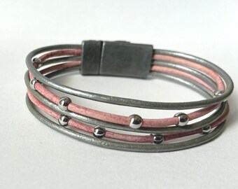 Handmade Leather Bead Bracelet, Custom Sized, Magnetic Clasp