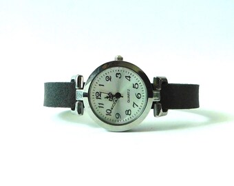 Simple wristwatch for women, custom size, dark gray suede, band.