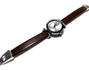 Women's watch with a dark brown custom-size leather band. Retro minimalist style.