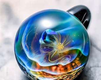 May include: A blue glass pendant with a swirling, iridescent design. The pendant has a black cord and a small, clear glass bead inside.