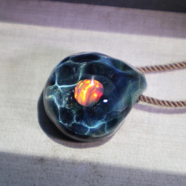 Handmade Dark luminous Opal Oceans Pendant, The Heart of the Sea, Glass Opal Necklace, Art Jewelry, Charming Pendant, Handcraft Wave Pendant