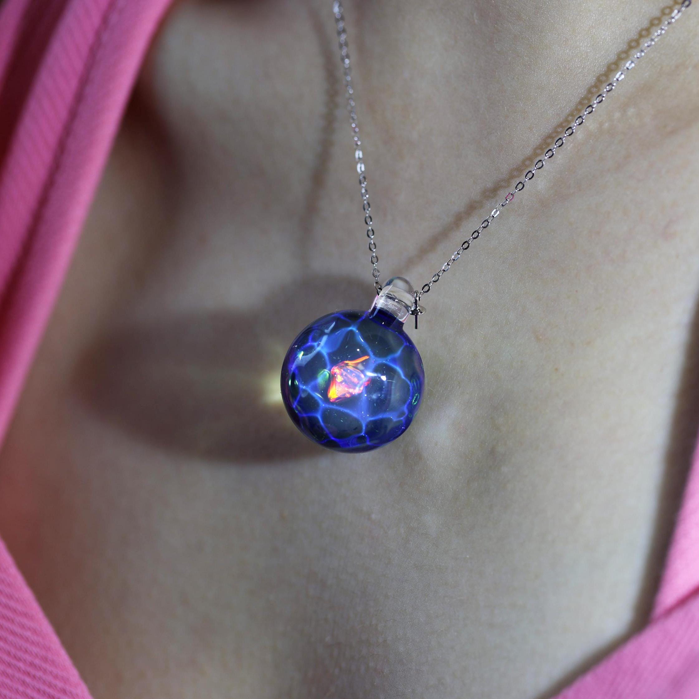 Handmade Reversible Blue Ocean Opal Glass Pendant Necklace, Heart of the Ocean Jewelry, Gift for Her, Double Opal, 925 Silver Round Necklace