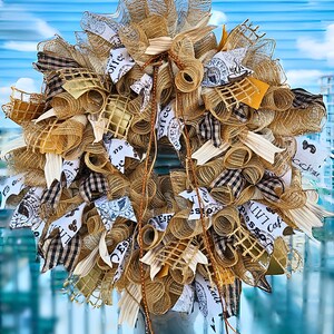 Fall Wreath Farmhouse Wreath Year Round Autumn Deco Mesh Burlap Elegant Coffee Welcome Front Door Wreath Wall Decor Home or Business Outdoor