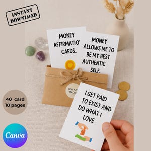 Tarjetas imprimibles de afirmación de dinero: 40 tarjetas de manifestación de riqueza / Ley de la Atracción / Descarga digital: regalo de amor propio