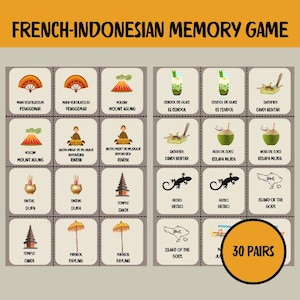 Jogo de memória francês-indonésio para imprimir - Cartões educativos DIY - Vocabulário francês-indonésio - Jogo de família para aprender um novo idioma