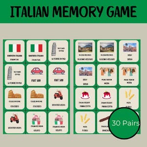 Juego de memoria en italiano para imprimir / Aprender italiano para niños / Tarjetas educativas para hacer tú mismo / Vocabulario italiano-inglés