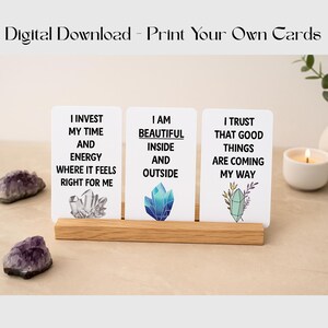 40 afdrukbare bevestigingskaarten – zelfzorgkaarten kristal – Mindfulnesscadeau – Dagelijkse positieve citaten – Digitale download, A4-formaat