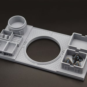 Componenten- en bekerhouder Sci-Fi Halo Tech industrieel thema.  Rollenspelaccessoire, 3D-geprint grijs. StageTop. Aangepaste kleuren en materialen