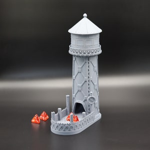 Dice Tower Station, watertoren, trein, trein, ticket to Ride-stijl/rollenspelaccessoire grijs 3D-geprint. Randomisatiefunctie. StageTop