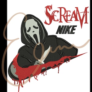 May include: A black and white illustration of the Ghostface character from the Scream movie series wearing a black hoodie and holding a knife. The character is standing on a red and white Nike swoosh with blood dripping from the swoosh. The text "SCREAM" is in red above the character and the text "NIKE" is in black below the character.