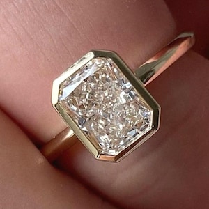 3.0 CT Modern Iced Out Radiant Cut Solitaire,Engagement Ring,14k Solid Yellow Gold,Signature Bezel Set,Wedding Ring,Statement Ring/Gifts.