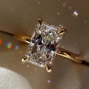 Radiant Cut Moissanite Engagement Ring, 3.50 Ct Crushed Ice & Elongated Solitaire, Stunning Sparkle for Proposal.