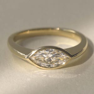 East West Marquise Ring | 1 CT Marquise Cut Moissanite Engagement Ring | 14K Solid Gold Bezel Set Solitaire Wedding Ring.