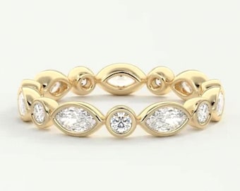 14k Solid Yellow Gold Wedding Band-2.10 TC Marquise N Round Cut Band-Moissanite Matching Band-Bezel Setting-Eternity Stacking Band-In Trends