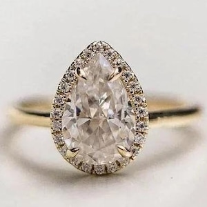 10x8 mm Pear Cut Moissanite Halo Engagement Ring, 14K Solid Gold Ring Pear Diamond Wedding Ring, Stacking Anniversary Proposal Ring for Her.
