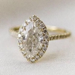 1.50CT Marquise Cut Colorless Moissanite Halo Engagement Ring, Marquise Cut Moissanite Halo Wedding Ring, 14K Solid Gold Bridal Ring for Her