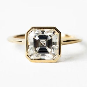 3Ct Asscher Cut Moissanite Engagement Ring, Handmade Bezel Set Solitaire, Perfect for Wedding & Anniversary Gift.