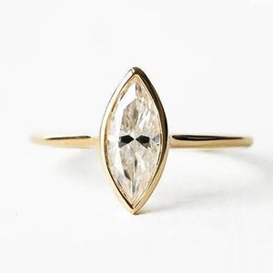 14k Gold Moissanite Engagement Ring, Marquise Shape Bezel Set Solitaire, Perfect for Wedding or Promise Ring, Stunning Gift for Her.