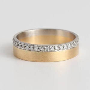 One Side Pave Wedding Band, 14k Gold Minimalist Diamond Marriage Band, Solid Gold Full Eternity Flat Band, Comfort Fit Classic Womens Band.