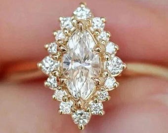 Anello di fidanzamento con alone di moissanite incolore taglio marquise da 10 x 5 mm, anello in oro 14 carati con alone per anniversario di matrimonio da donna, anello per lei.
