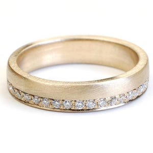 One Side Pave Wedding Band, 14k Gold Minimalist Diamond Marriage Band, Solid Gold Full Eternity Flat Band, Comfort Fit Classic Womens Band.