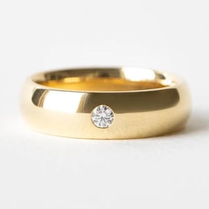 14K Yellow Gold Diamond Band - Rounded Dome Single Diamond Ring for Wedding, Engagement, Anniversary, Unique Gift for Him & Her.