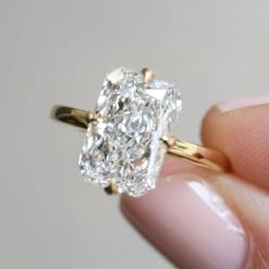 4.25 CT Elongated Radiant Cut Moissanite Solitaire, Lower Sit-Tulip Setting, NSEW Prongs, 14k Solid Yellow Gold, Wedding Ring, Proposal Gift