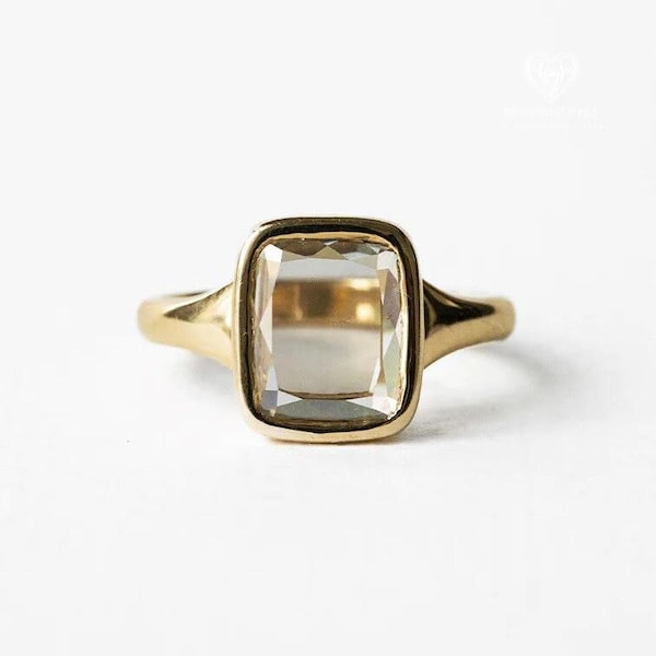 14K Yellow Gold Solitaire Ring, Featuring Portrait Cut Moissanite Diamond, Ideal for Eco-Conscious Engagements, Unique Birthday Surprise.