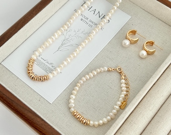 18K Gold Vermeil Freshwater Pearl Necklace, Wedding Bracelet for Bride, Bridesmaids, Bridal Jewellery Set