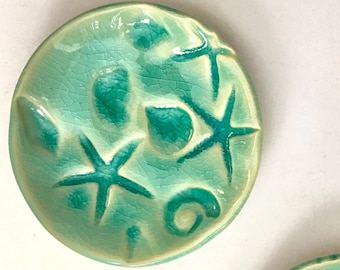 soap dish starfish fossil trinket treasure aqua ocean glaze handmade ring dish day at the beach ceramic  ocean design