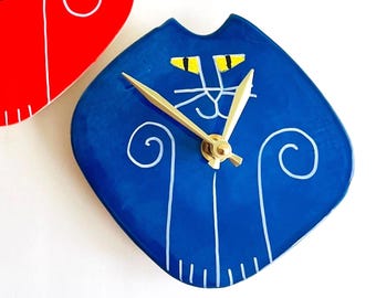 Handmade Cat Wall Clock: Whimsical Ceramic Pottery Decor diamond shape colorful
