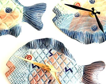 Handmade pottery Fish Wall Clock: unique colorful whimsical ceramic Nautical Decor