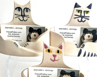 Business card holder pottery cat: desk decor office feline theme in white