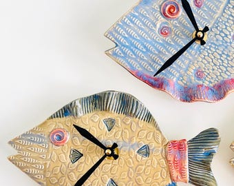 Made to order Ceramic Fish Wall Clock: Nautical Pottery Decor choose your colors