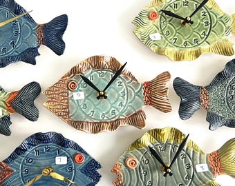 Ceramic Fish Clock: Made to order Stoneware Pottery Nautical Wall Decor with numbers