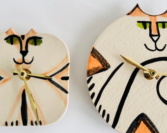 Wall clock: handmade Calico Cat whimsical designer Pottery kitty lover Veterinary Pet Resort art feline happy playful ceramic wall decor