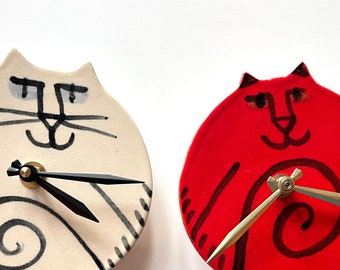 Wall clock: handmade Cat time, whimsical Pottery for kitty lover, playful ceramic wall decor