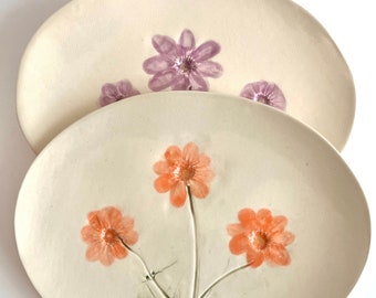 Botanical design ceramic Platter: orange or purple white stoneware clay with pressed Cosmos flower handmade by gardener