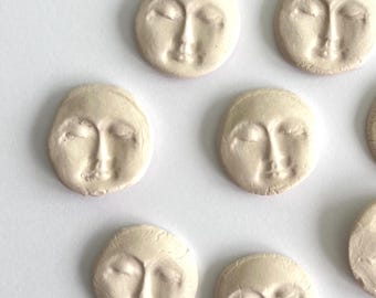 Moon face cabochons handmade clay rustic pottery for jewelry, art dolls, mosaics