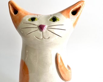 Cat coin bank, orange white markings, hand built pottery feline design Firecat Pottery