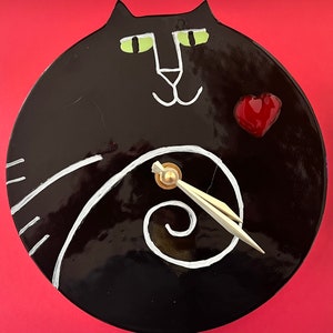 Wall clock: handmade Black Cat time, whimsical Valentine Pottery for kitty lover, playful ceramic wall decor image 2
