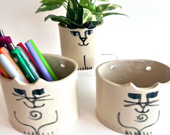 Cat Wall Pocket, Vase, succulent planter or pencil holder holder whimsical design HM white stoneware pottery