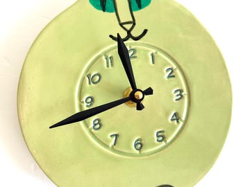 Handmade happy Cat Wall Clock with numbers: Whimsical Ceramic Pottery Decor