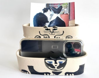 Cat pottery caddy for cell - black white wall hanging phone holder crazy cat lover gift