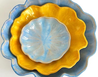 Scalloped Nesting Bowls Set: Rustic Blue and Gold Stoneware Serving Dishes