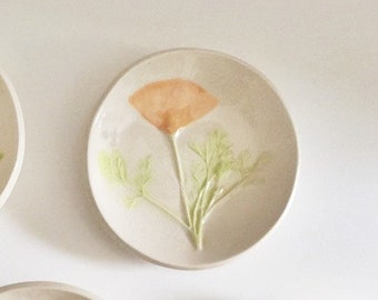 California Poppy: pottery ring dish handmade botanical decor plate orange white green