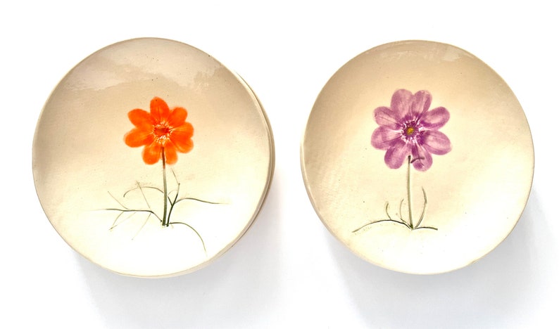 Botanical design ceramic Dish: orange or purple white stoneware clay with pressed Cosmos flower 6 plate handmade by gardener image 4